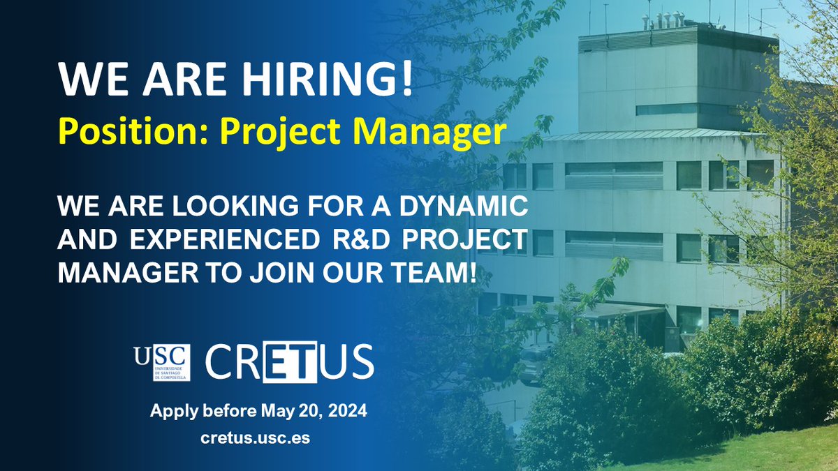 🚨 Job Alert!!🚨 Are you a dynamic and experienced R&D #ProjectManager? Want to join #CRETUS to provide with us scientific and technological solutions to current environmental challenges? 📥Apply by May 20,2024 👉More info: acortar.link/ND0Nrf #jobopening #hiring