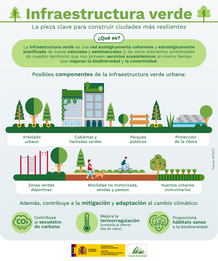 La infraestructura verde es una red de espacios y elementos que: 🌡️ Mejoran la resiliencia antes los impactos que genera el #CambioClimático 🐦 Contribuyen a la conservación de la #biodiversidad 👨‍👩‍👧‍👦 Benefician a la población con los servicios de los ecosistemas