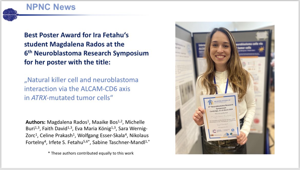 Congratulations to Magdalena Rados on her poster #award for presenting her outstanding research at the 6th Neuroblastoma Research Symposium! Talented Magdalena is a PhD student @StAnna_CCRI, who is supervised by Irfete Fetahu, a PI at CCRI and our division. #womeninscience