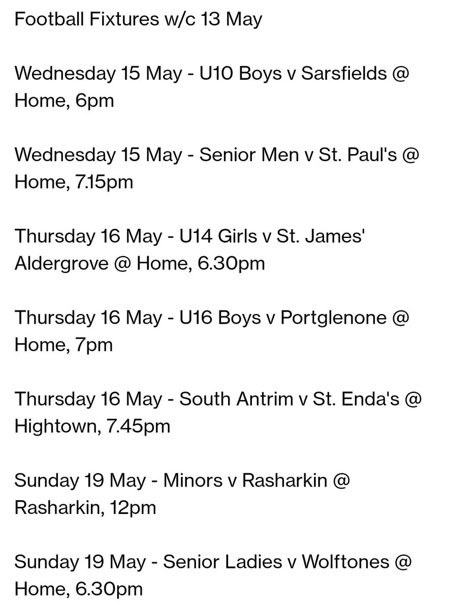 Fixture's for the week commencing the 13th of May 2024. All support welcome. 💛💙