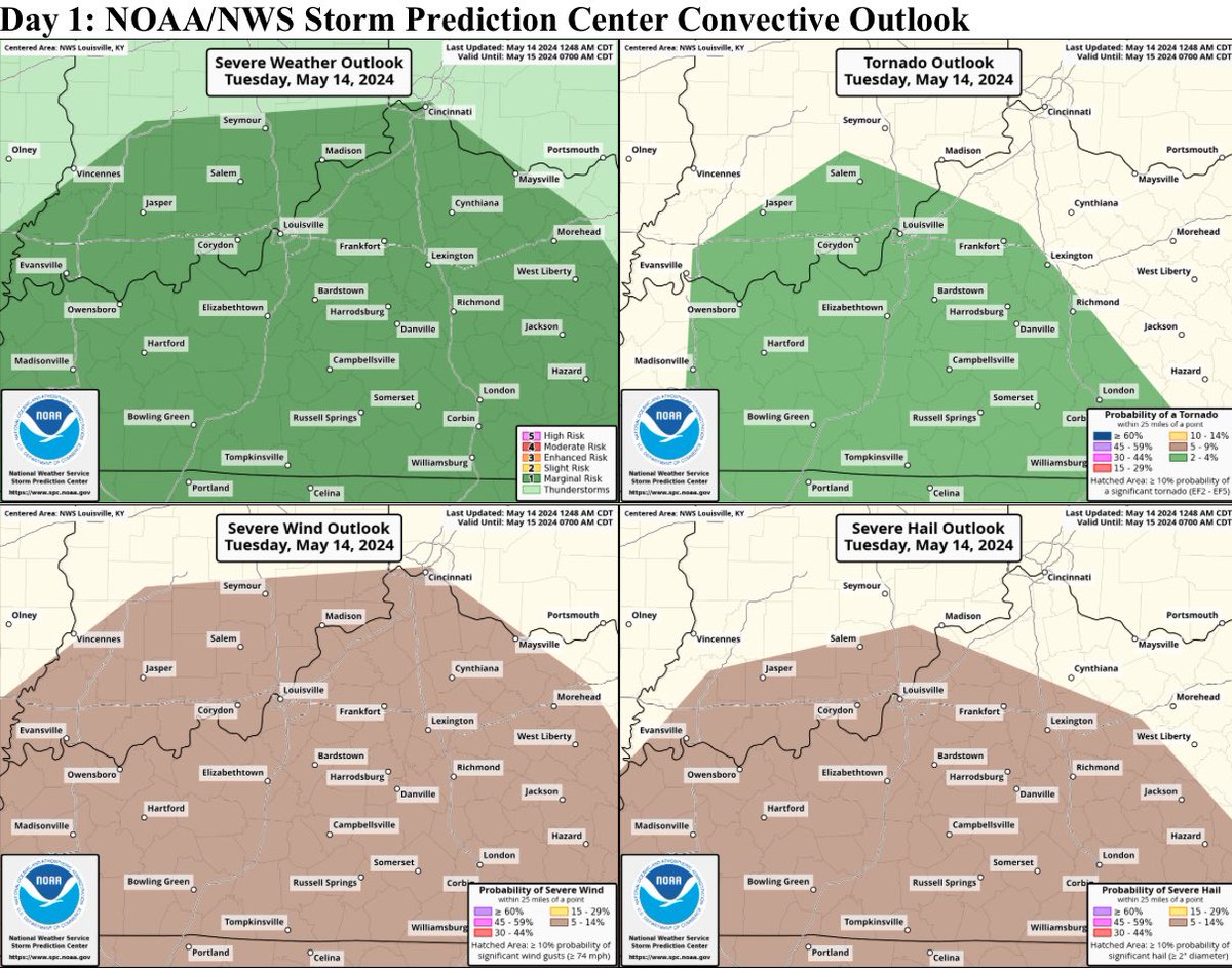 Stacked low will push east across the region today, bringing rounds of showers & storms along with it. ⚠️ SPC has us in a 1/5 severe risk this afternoon & evening, with the probability of ‘x’ occurring within 25 miles of you as follows: Damaging Wind: 5% Large Hail: 5% Tornado:…
