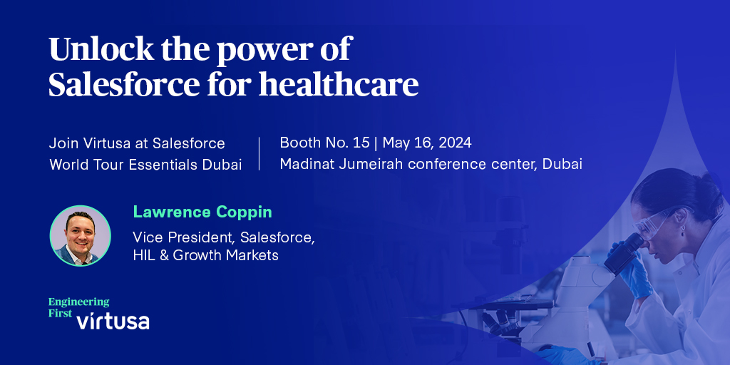 Unlocking the power of #Salesforce in the UAE healthcare industry? Join Virtusa's Salesforce healthcare expert, Lawrence Coppin, at #WorldTourEssentialsDubai and learn how we can help you unlock the power of Salesforce: splr.io/6018YXpIC #SalesforceTour #EngineeringFirst