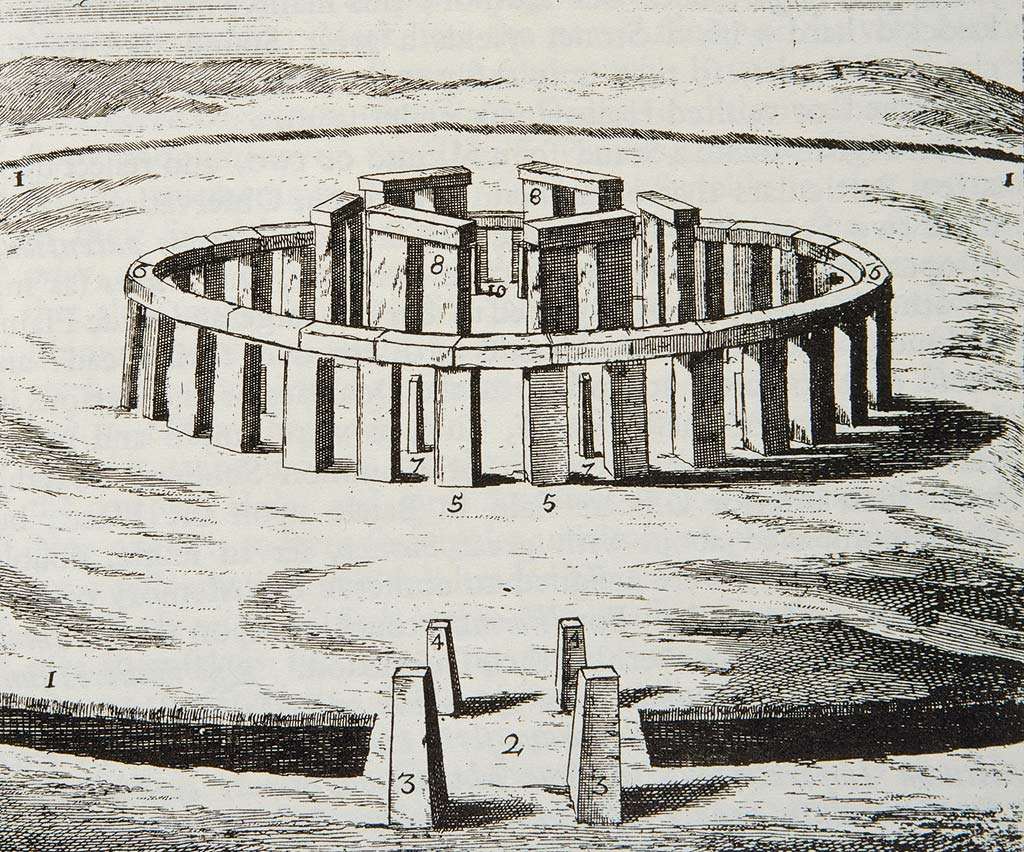 This diagram by Inigo Jones (1725) shows an imagined view of the completed monument. Jones was convinced that Stonehenge was built by the Romans due to its geometry and symmetry, so he added another central trilithon to his reconstruction. Learn more ➡️ bit.ly/44O9AuN