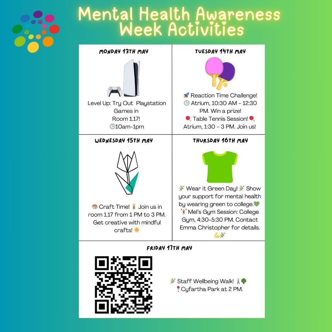 Mental Health Awareness Week takes place this year from the 13th to the 19th of May. This year's theme is Movement: Moving more for our mental health. Come to one of our activities and get yourself moving. @CollegeMerthyr #mentalhealthawareness