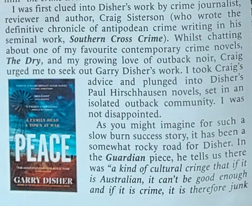 Reviewers do more than review. They are walking encyclopaedias of the genre. Writing recently in the @The_CWA I waxed eloquent about Gary Disher - whose work I was alerted to by @craigsisterson , arch chronicler of Aus/NZ crime. Craig gets a wet Tuesday shoutout.