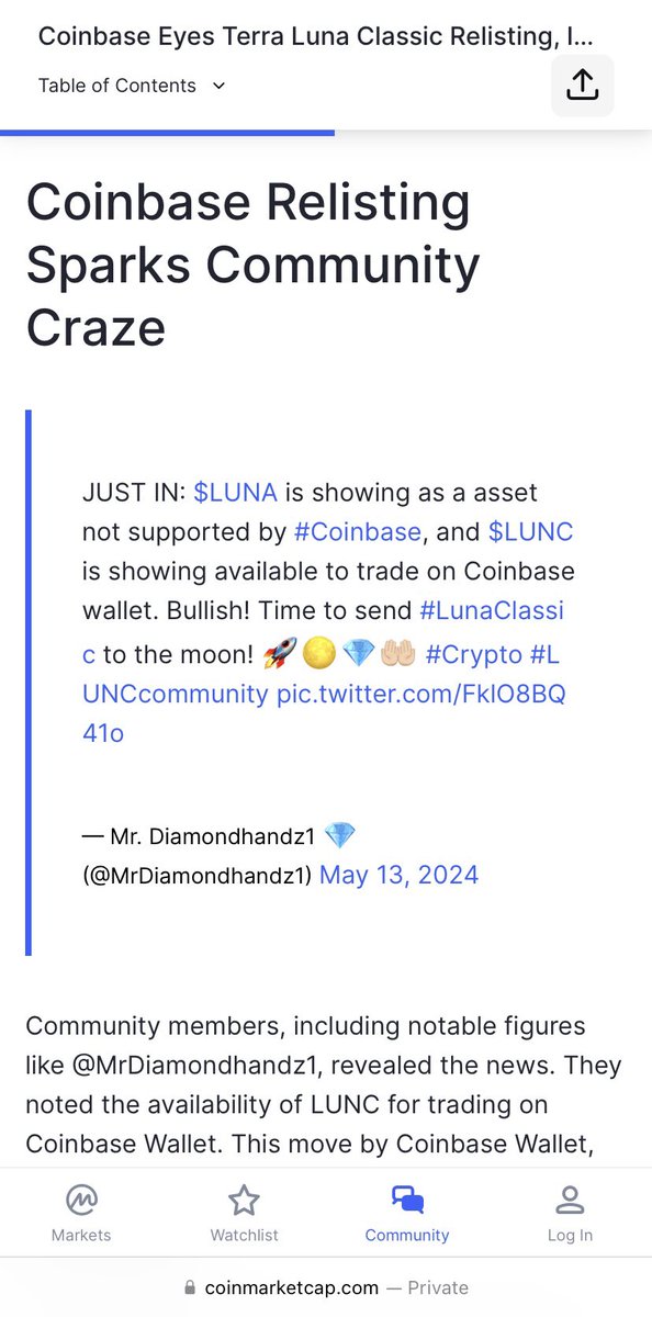 JUST IN: News articles featured on #CoinMarketCap are reporting $LUNC being a supported asset on #Coinbase wallet once more. 🔥 The #LunaClassic community is excited to see #LUNC avaible to trade on Coinbase wallet, and look forward to the future. 💎🤲🏻 #Crypto #LUNCcommunity