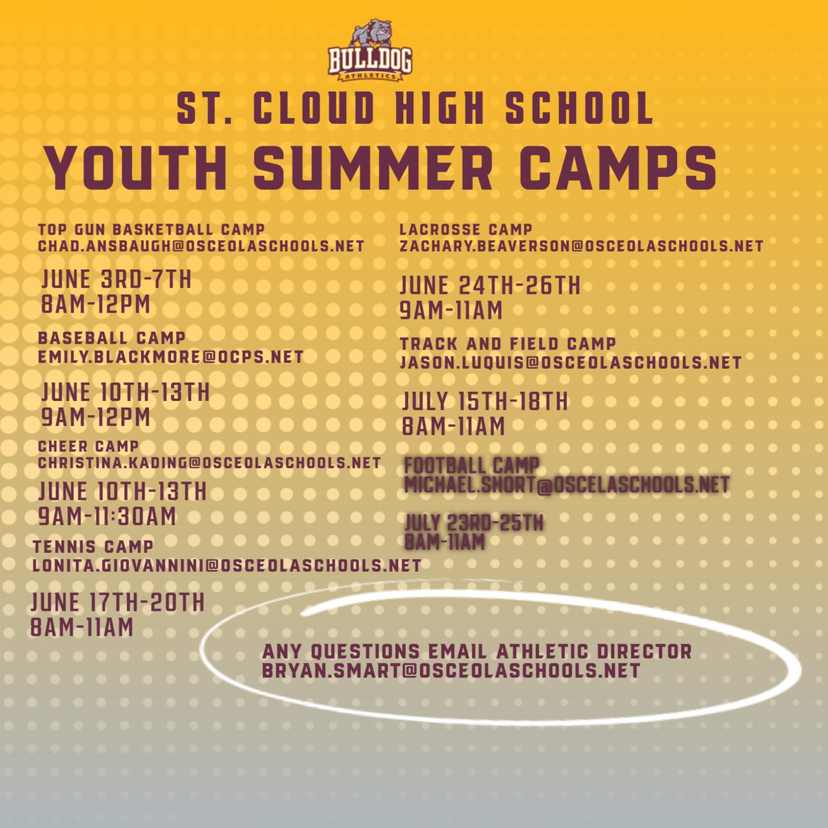 Attention everyone here are the wonderful Youth Summer Camps at St. Cloud HS!!! Some wonderful opportunities for the kids to get out and learn and play some sports.