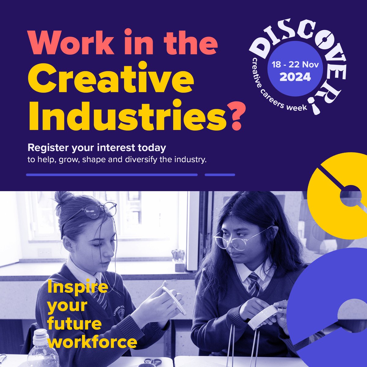 Did you hear that #DiscoverCreativeCareers Week is returning?

If you're an employer in the #CreativeIndustries, get involved with their nationwide and online activity from 18-22 November 2024!

Learn more and register: bit.ly/dcc_2024