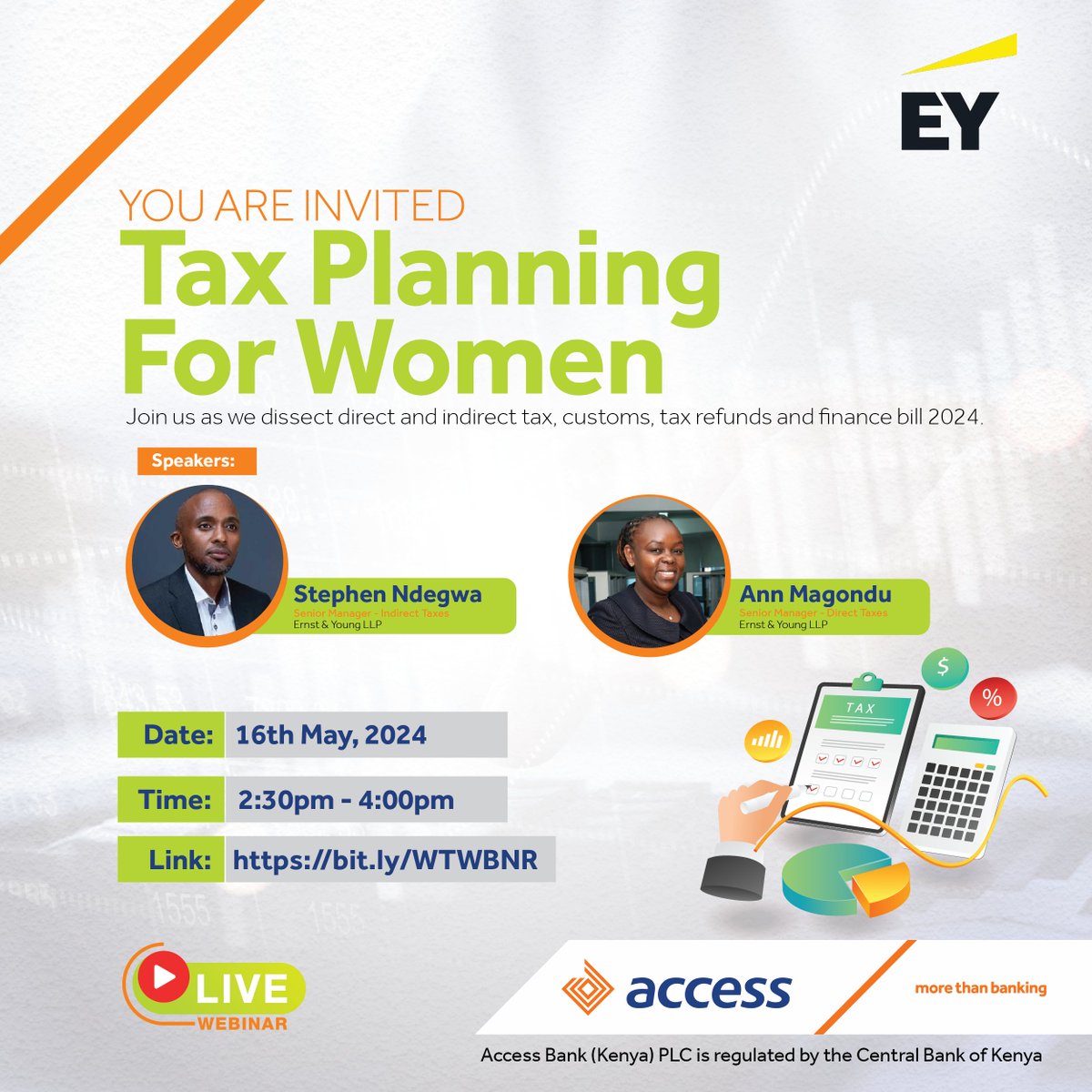 Join us for an engaging discussion on direct and indirect taxes, customs, tax refunds, and the 2024 Finance Bill! Our panelists, Stephen Ndegwa and Ann Magondu from EY, are experts in the field. Don’t miss this chance to acquire valuable knowledge and learn from industry