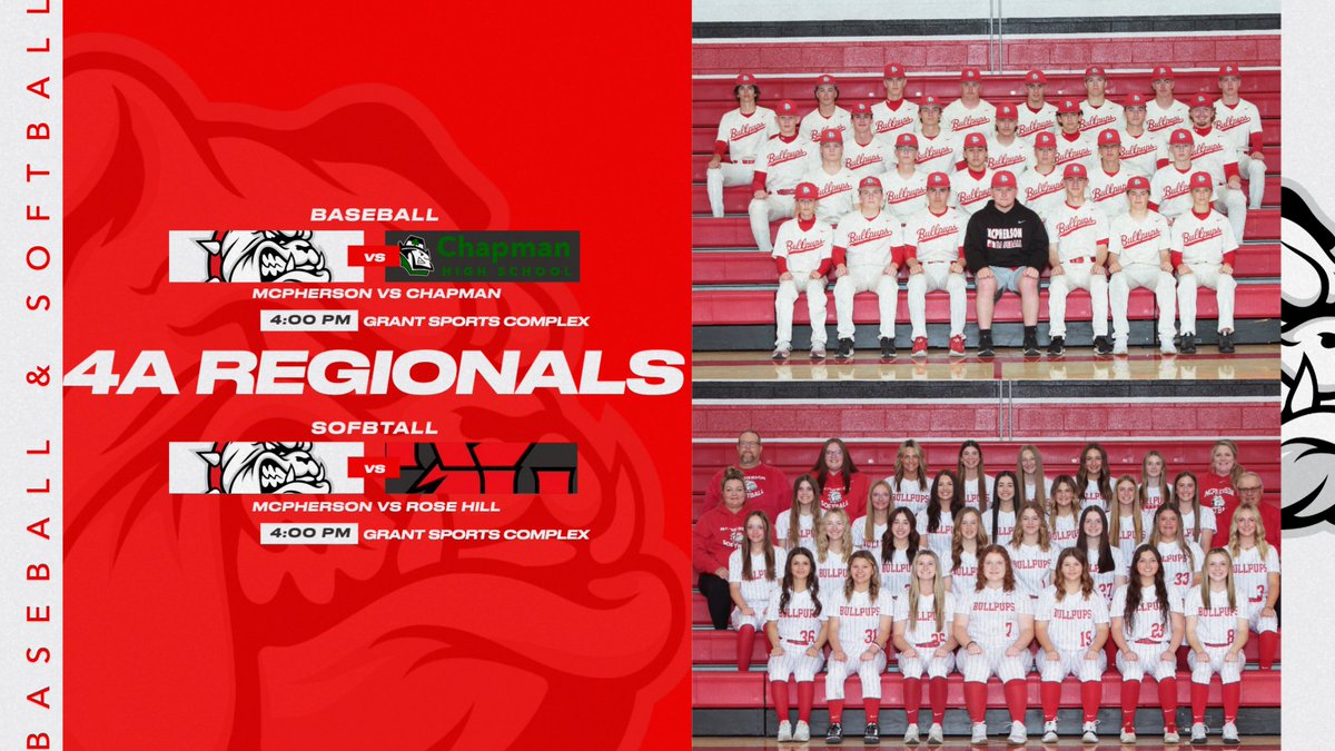 4A Regional Baseball & Softball at McPherson-Grant Sports Complex today! Game one begins at 2:00, McPherson teams will play 25 min. after game one (approx. 4:00pm). Admission $8/$6, no passes. GO PUPS! #bullpupnation