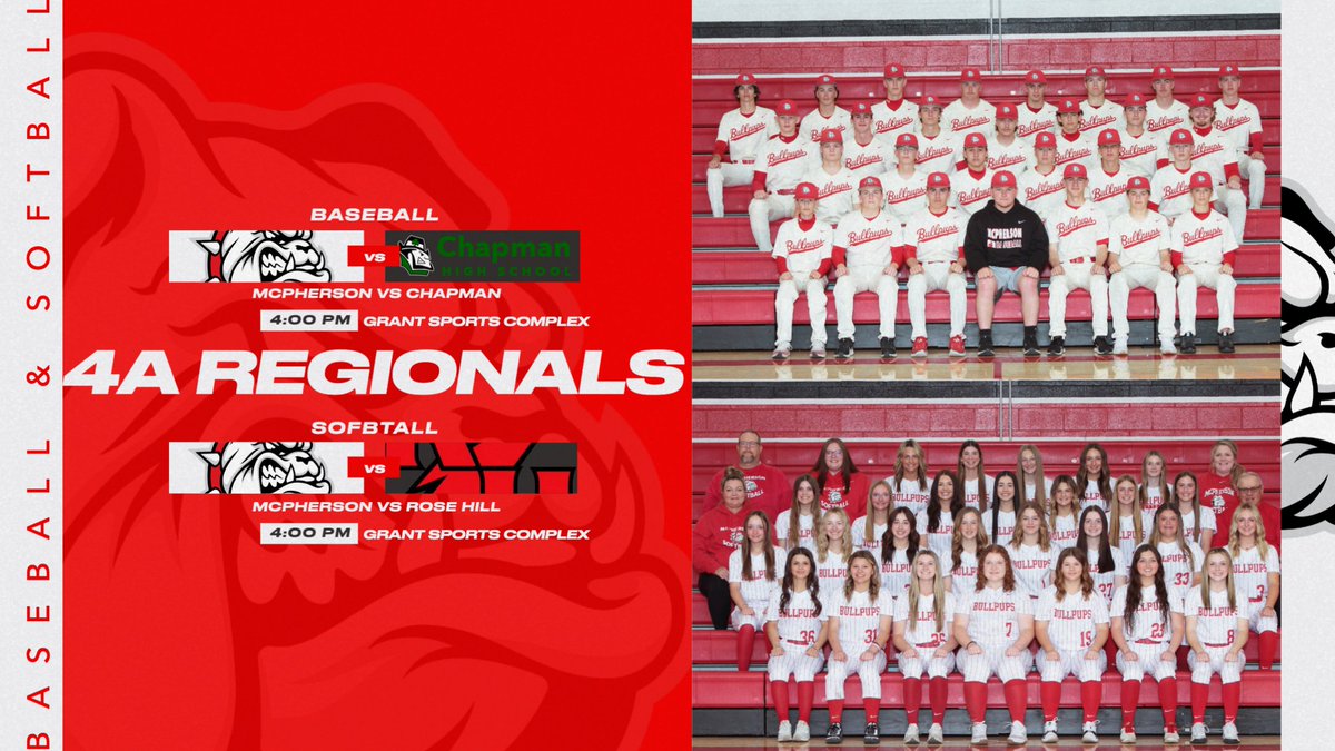 4A Regional Baseball &amp; Softball at McPherson-Grant Sports Complex today!  Game one begins at 2:00, McPherson teams will play 25 min. after game one (approx. 4:00pm).  Admission $8/$6, no passes.  GO PUPS! #bullpupnation