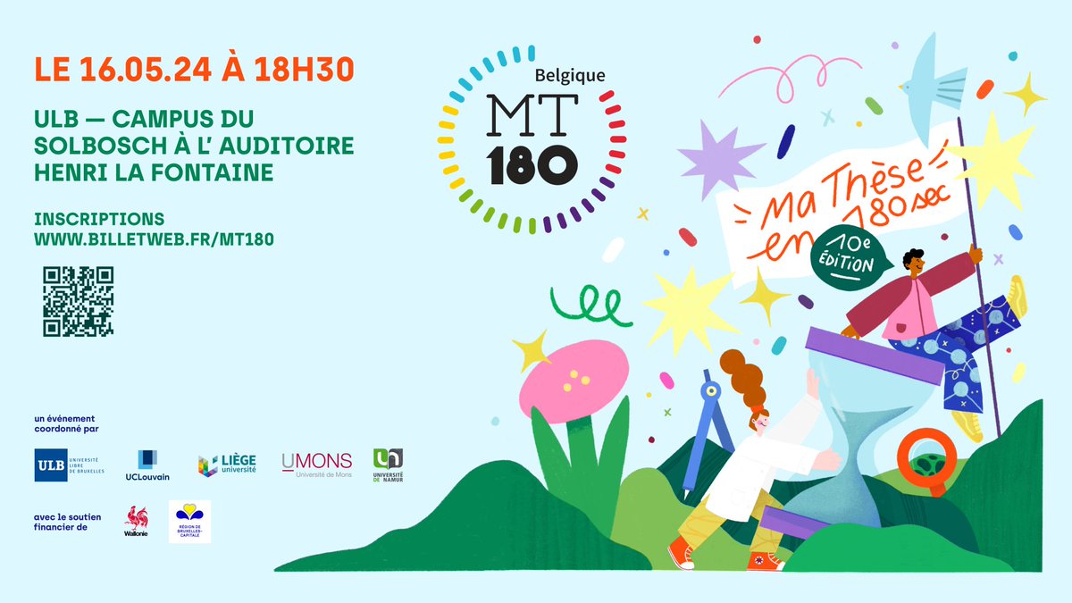 📌 Jeudi 16 mai - Ma Thèse en 180 secondes - 10ème édition: la Finale !
15 finalistes partageront le fruit de plusieurs semaines d'apprentissage de compétences communicationnelles et de synthèse 👏 

➡️ Infos sur les finalistes et le concours: mt180.be 

#mt180