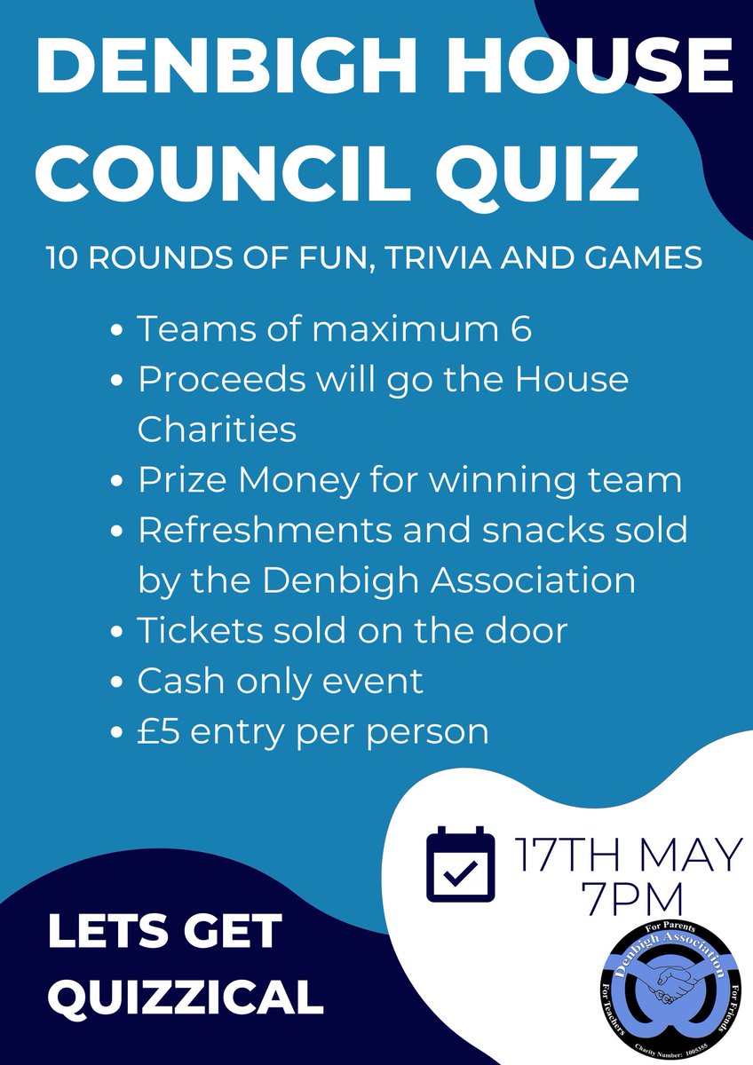 Join us & get quizzical at our House Council Quiz, this Friday at 7pm. Students, families & friends are invited. You can bring your own drinks & snacks. Denbigh Association will be selling refreshments. Join in the fun & raise funds for our House charities. #thinkdenbigh