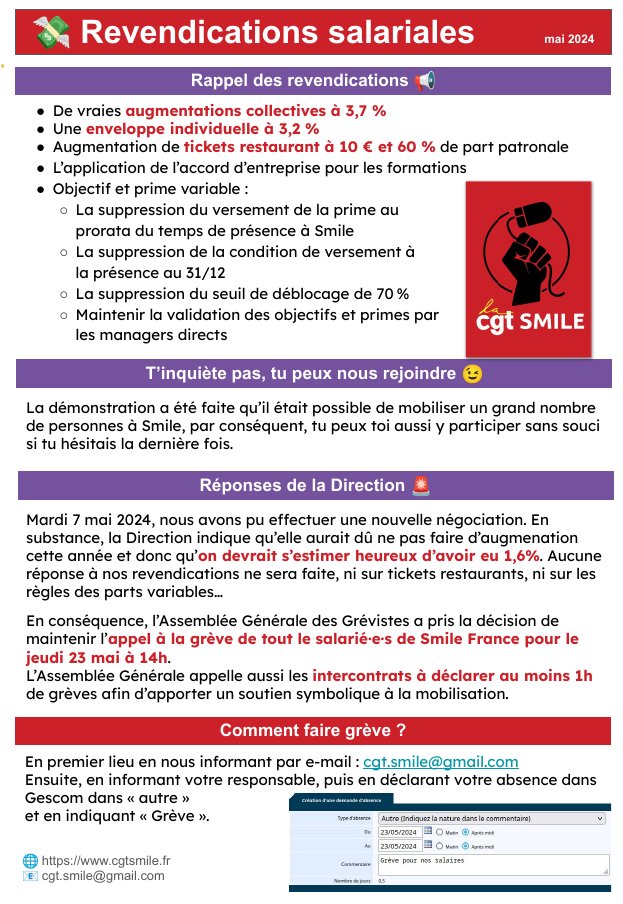 ✊2ème #grève des #cadres à #Smile pour les #salaires Après le refus de la Direction de répondre aux revendications (mesurées), les salarié·e·s ont décidé de continuer la grève pour obtenir de vraies augmentations et de meilleures conditions de travail ! 📅rdv: jeudi 23 mai à 14h