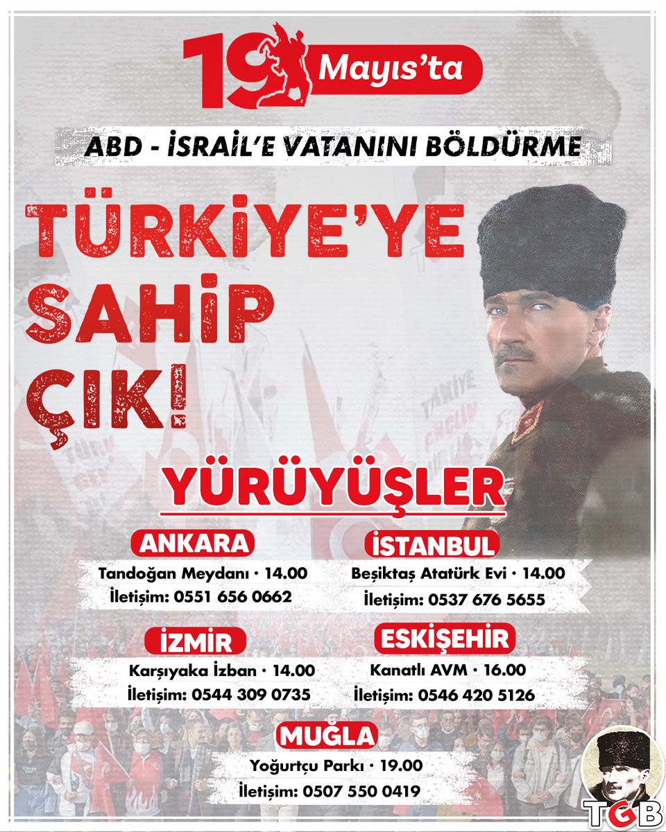 📍 19 MAYIS'TA ABD-İSRAİL'E VATANINI BÖLDÜRME, TÜRKİYE'YE SAHİP ÇIK! Emperyalizmle mücadelede Samsun'da atılan o ilk adımdan bugüne kadar topraklarımızda emperyalistlere rahat vermedik. 19 Mayıs'ta emperyalizme karşı Ankara, İstanbul, İzmir, Eskişehir ve Muğla'da; ABD-İsrail