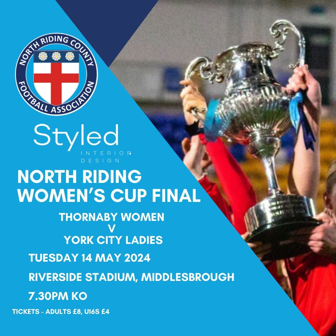 𝐌𝐀𝐓𝐂𝐇𝐃𝐀𝐘 | Today is the final of the Styled Interior Design North Riding Women's Cup! Join us at @Boro's Riverside Stadium for the 7.30pm KO between @ThornabyFCWomen and @YorkCityLFC - tickets available at the MFC Ticket Office (cash preferred).