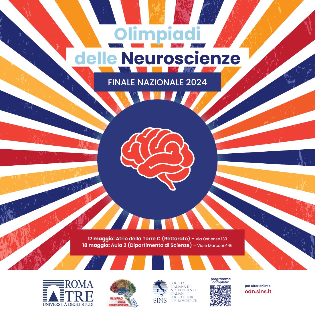 🧠 Il 17 e 18 maggio a #RomaTre la finale nazionale delle Olimpiadi delle #neuroscienze!

La 14ª edizione delle Olimpiadi è organizzata dal Dipartimento di Scienze e dalla SINS - Società Italiana di Neuroscienze. 

Maggiori informazioni:
uniroma3.it/articoli/a-rom…

#UniRomaTre
