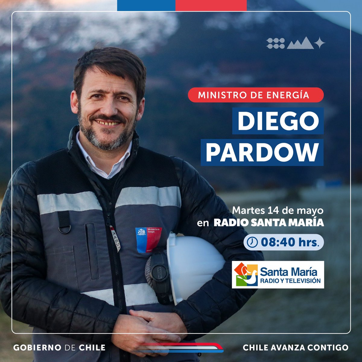 Hoy el ministro @DiegoPardow estará en vivo por @radiosantamaria conversando sobre el Gabinete #ProCrecimientoyEmpleo que se desarrolló para impulsar #MásInversión y el avance de las energías limpias en la Región de Aysén.⚡️🎙️