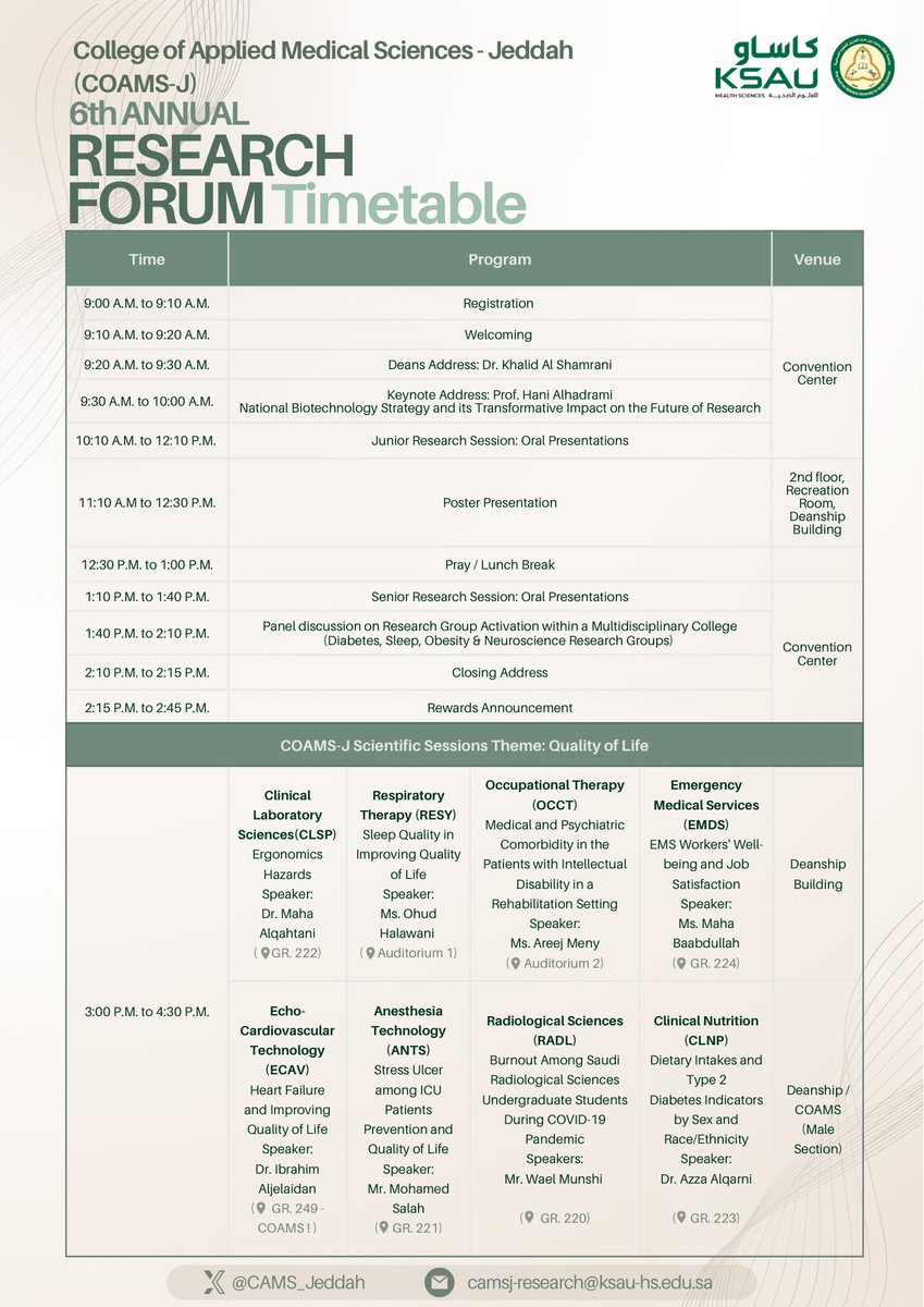 CAMS_Jeddah's tweet image. The 6th Annual Research Forum Timetable is here ✨

#KSAU
#Jeddah