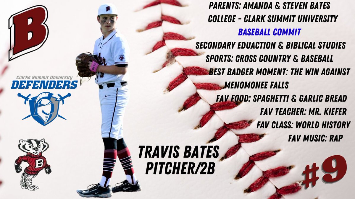 As we celebrate our seniors, we will introduce them this week... 
Travis Bates - Class of 2024 Baseball Player 
<a href="/TravisB70/">Travis Bates</a> <a href="/csudefender_bb/">CSU Defender Baseball</a>
🦡⚾️🦡⚾️🦡⚾️🦡
#100-100  #earnyourstripes #senior2024
<a href="/lgbadger/">Badger Athletics</a>