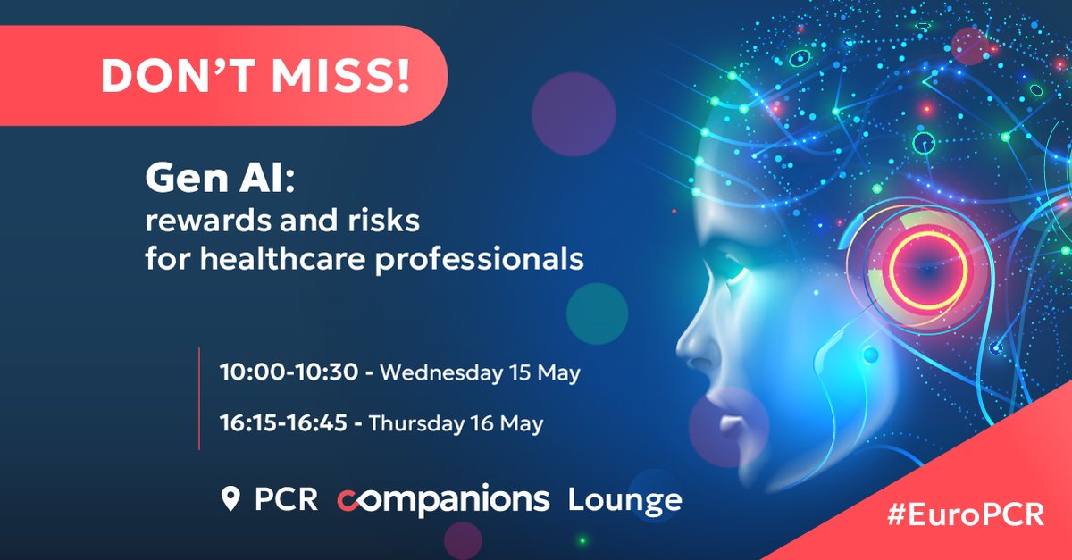Don't miss this really interesting discussion in the #PCRCompanions lounge at #EuroPCR. Join us at 10:00 on Wednesday 15 May and 16:15 on Thursday for a deep dive into what you want to know about Gen #AI 🤖as a healthcare professional! #artificialintelligence @mirvatalasnag…