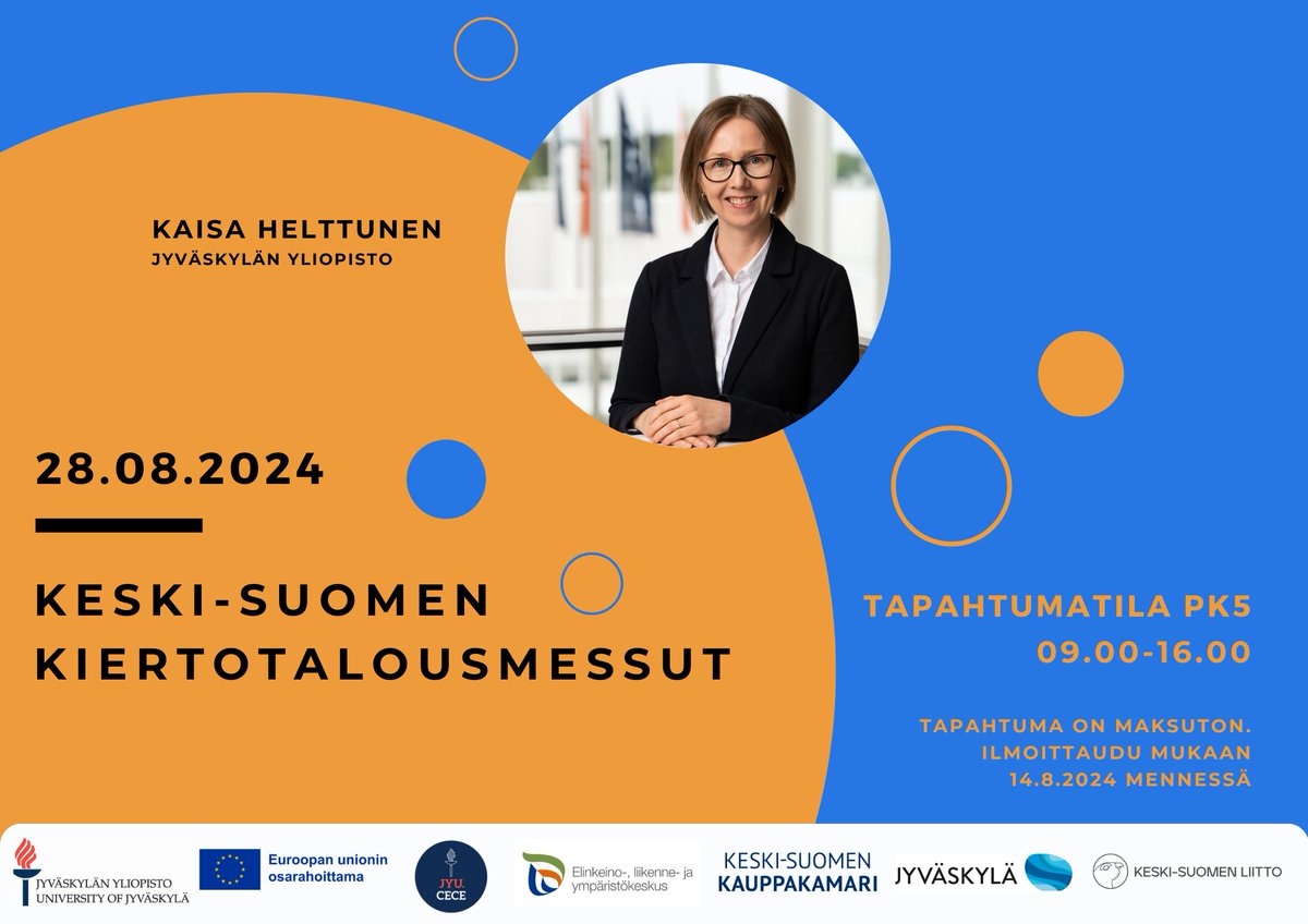 Vielä ehdit hakea mukaan näytteilleasettajaksi Keski-Suomen #kiertotalous'messuille! Haku päättyy 17.5., tapahtuma pidetään 28.8. Puheenvuoroissa mm. <a href="/uniofjyvaskyla/">University of Jyväskylä</a> Kaisa Helttunen kertoo marjojen bioaktiivisista aineista. #CECE #biomassa #sivuvirta #jäte keskisuomi.fi/tapahtuma/kesk…