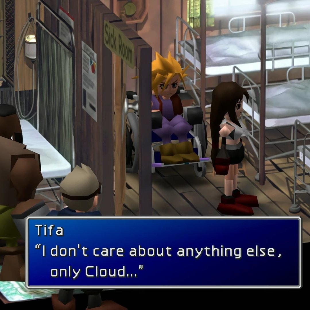 Them : Tifa projecting her ideal hero unto Cloud

Tifa : *stay with vegetative Cloud*