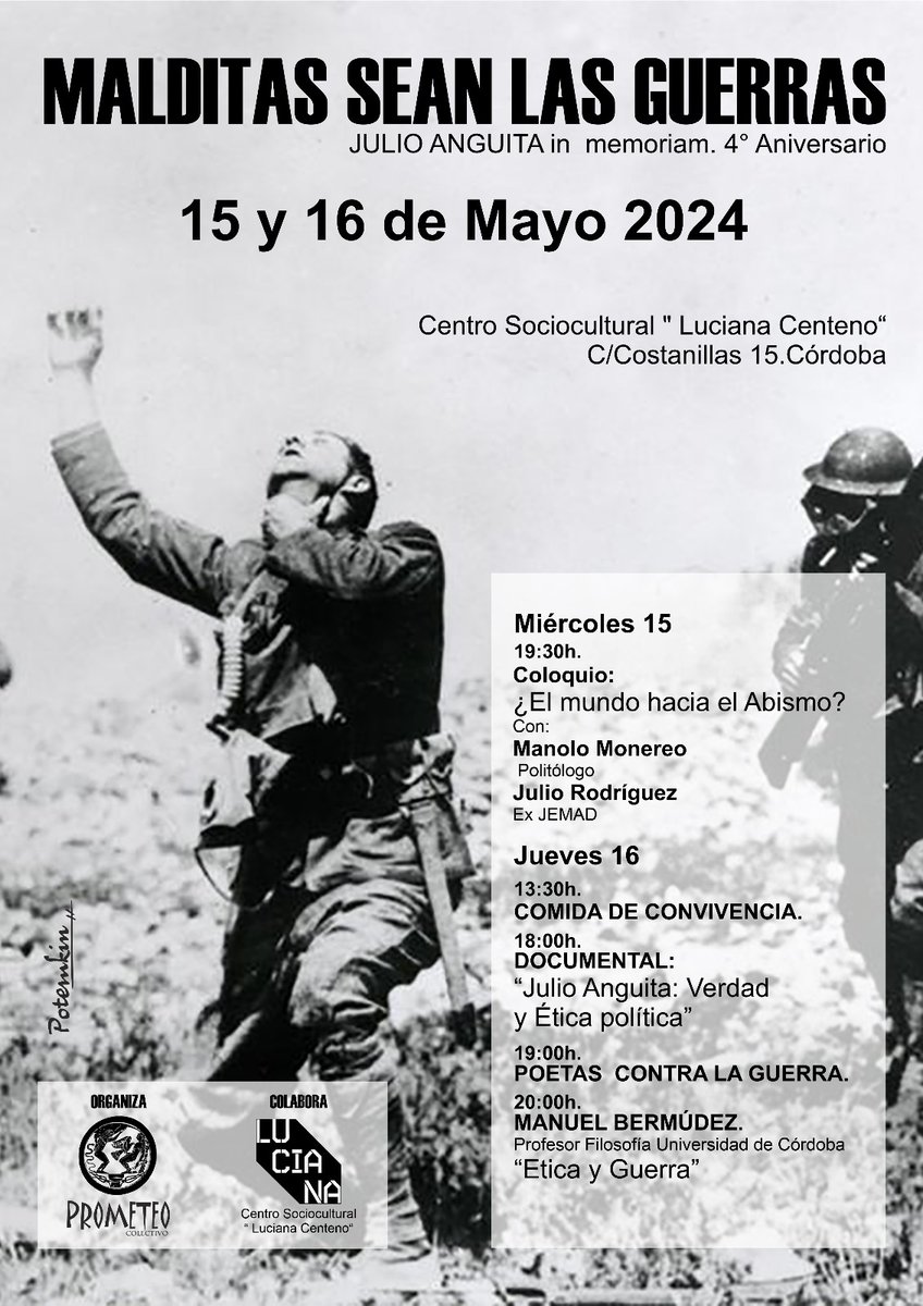 Mañana, en Córdoba, debatiremos, con @ManoloMonereo, sobre 'malditas sean las guerras'. En recuerdo de Julio Anguita. Nos vemos 👇🏻