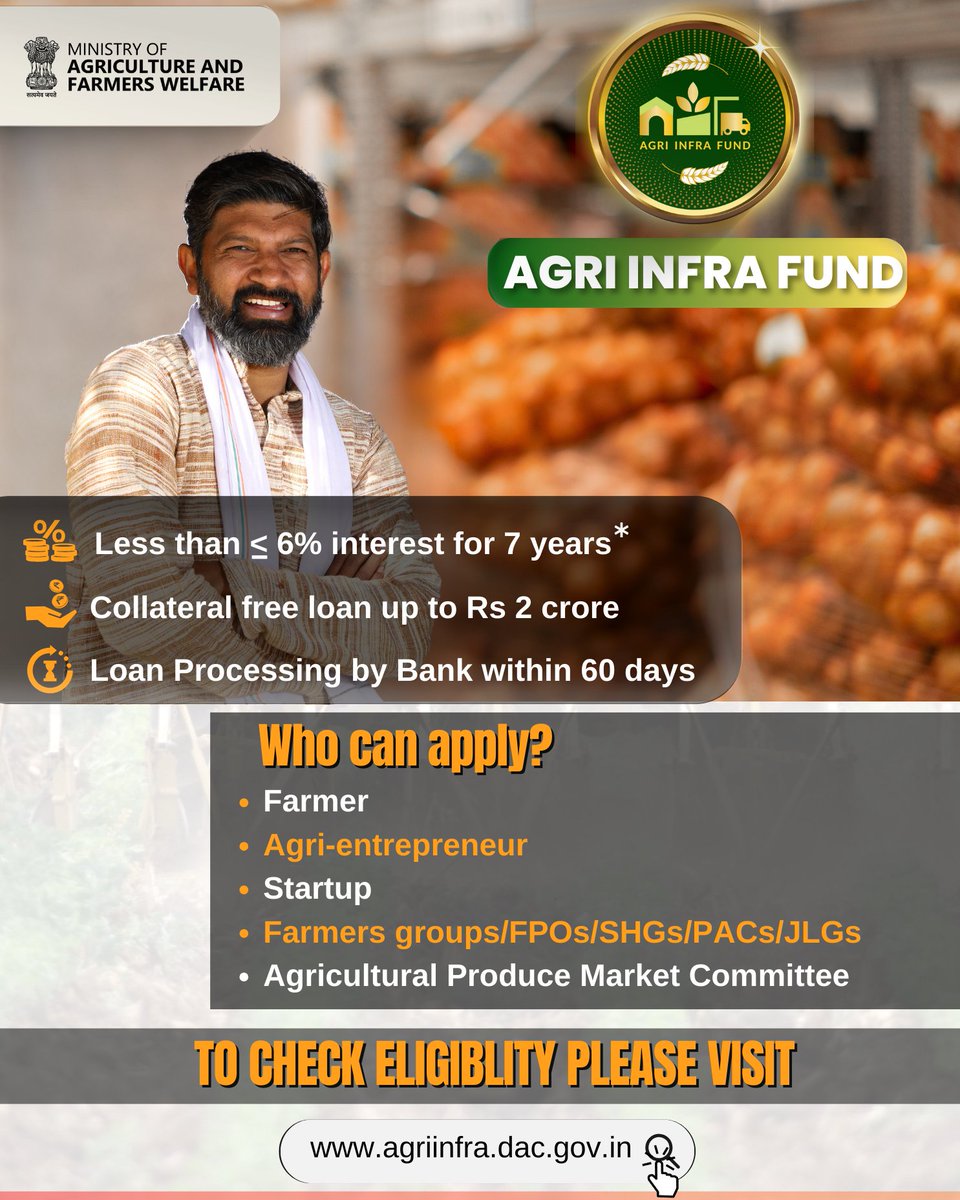 @AgriInfraFund (#AIF) scheme plays a significant role in modernizing India's #agriculture sector by providing financial assistance to various entities involved in agriculture, including farmers, agri-entrepreneurs, farmer producer organizations (#FPOs), & agribusiness firms.