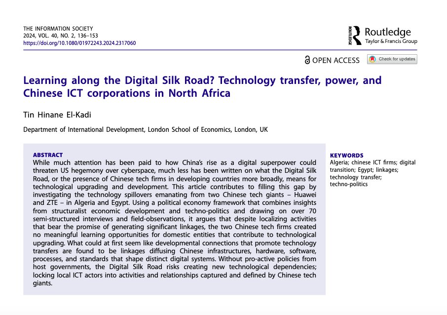 📢NEW ARTICLE Do Chinese ICT firms in North Africa create opportunities for technological learning and upgrading? This article draws on extensive fieldwork in #Egypt and #Algeria to answer this question. Dive into the findings available in open access🌍 rb.gy/wn1vss