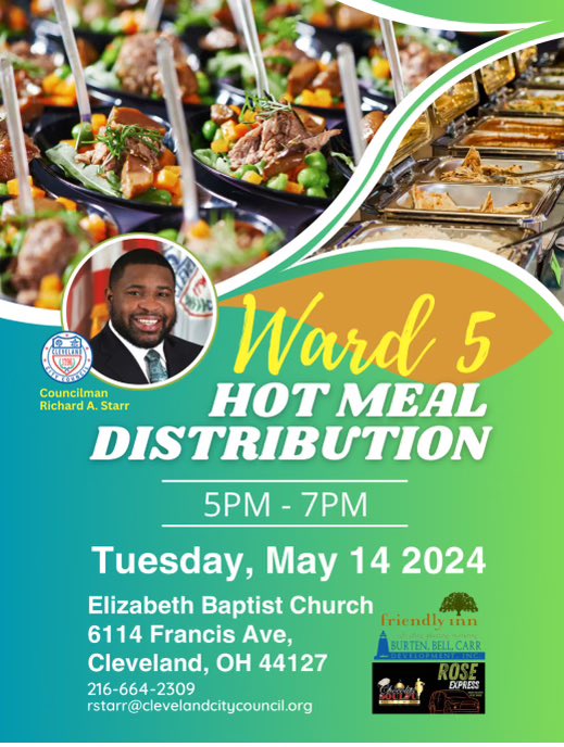 Join us at 'Elizabeth Baptist Church' today from 5:00 to 7:00 p.m. for our monthly hot meal distribution event. We have something special planned, so we encourage you to arrive early and enjoy a complimentary meal. This event is open to the Ward 5 community. #Ward5Community