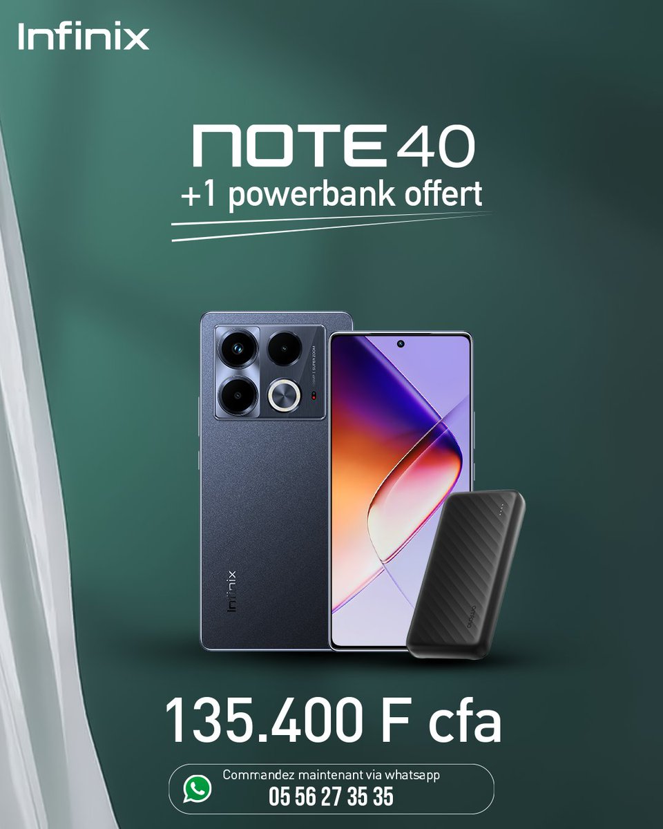Pour tout achat du #NOTE40 sur notre boutique WhatsApp et reçoit un power bank gratuitement en plus de la livraison gratuite (Abidjan).

Envoie-nous un message dès maintenant pour profiter de cette offre exclusive en cliquant sur ce lien : wa.me/c/22556273535

#Infinix
