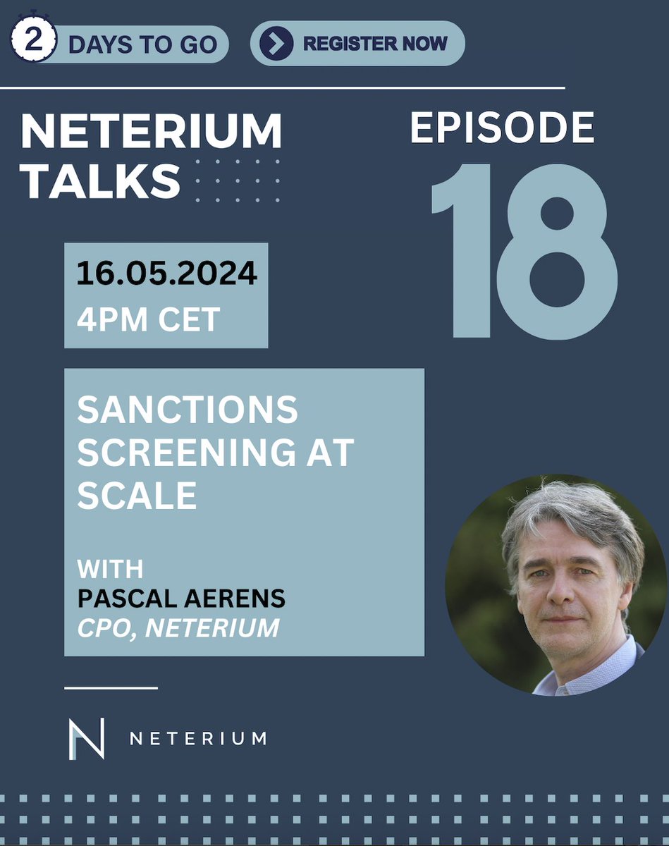 👋Only 2 days left to join us for our 18th episode of #NeteriumTalks on May 16th at 4 PM CET with @PascalAerens CPO @neterium 

In this episode, we're diving into the crucial topic of '𝐒𝐚𝐧𝐜𝐭𝐢𝐨𝐧𝐬 𝐒𝐜𝐫𝐞𝐞𝐧𝐢𝐧𝐠 𝐚𝐭 𝐒𝐜𝐚𝐥𝐞' 

🔗us02web.zoom.us/webinar/regist…

#FCC