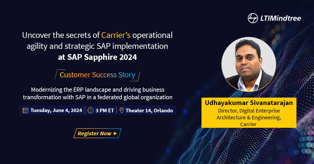 Excited to reveal a special session featuring an industry titan from @carrier. Join #LTIMindtree at #SAPSapphire 2024 on June 4 in Orlando at 3 PM ET for a deep dive into Carrier’s SAP-driven ERP modernization & transformation. Register now: srkl.in/6017BNJjWP #SAPBusinessAI