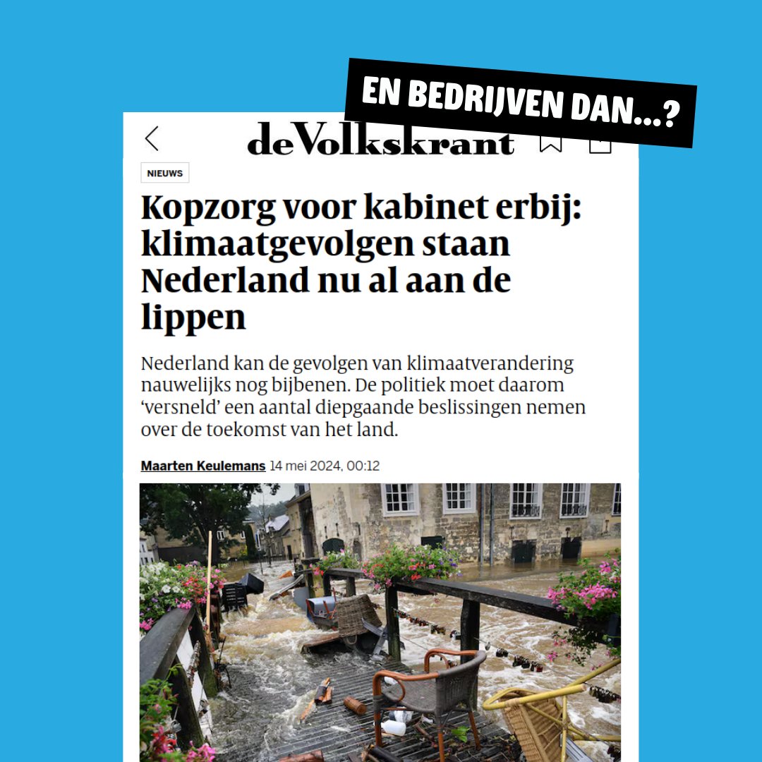 Volkskrant: “Klimaatgevolgen staan Nederland nu al aan de lippen”. Zij stellen dat dit een extra zorg is voor het kabinet. Maar bedrijven dan? Op 31 mei is de Klimaatmars op de Zuidas: Hét centrum van grote, vervuilende bedrijven. ✊Meld je aan: bit.ly/KlimaatmarsZui…