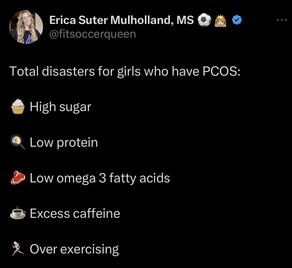 fitsoccerqueen's tweet image. one of the most common menstrual disorders that requires drastic lifestyle changes.

Symptoms: 
Irregular or missed periods 
Weight gain 
Mood swings 
Acne around mouth and chin 
Fatigue 
Ovarian cysts
Cramps 
Facial hair growth (chin) 
Hair thinning (scalp)