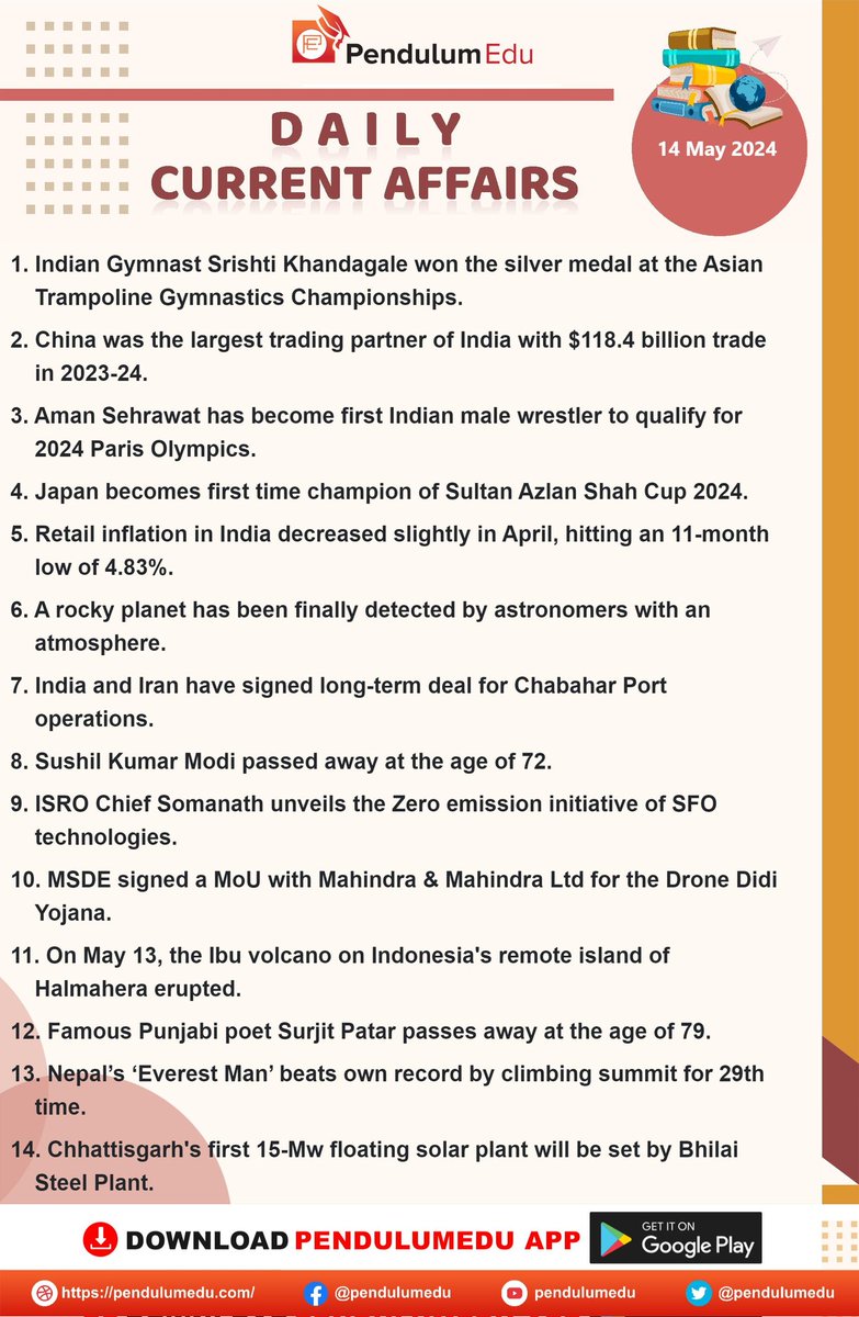 🌹Current Affairs🌹

Here 👇👇 is the important Current Affairs of 14th May, 2024. 

#UPSC #TSPSC #APPSC #KPSC
 #RPSC #GPSC #NPSC #TNPSC
     #CurrentAffairs #May #GS
 (Data courtesy: #PendulumEdu)