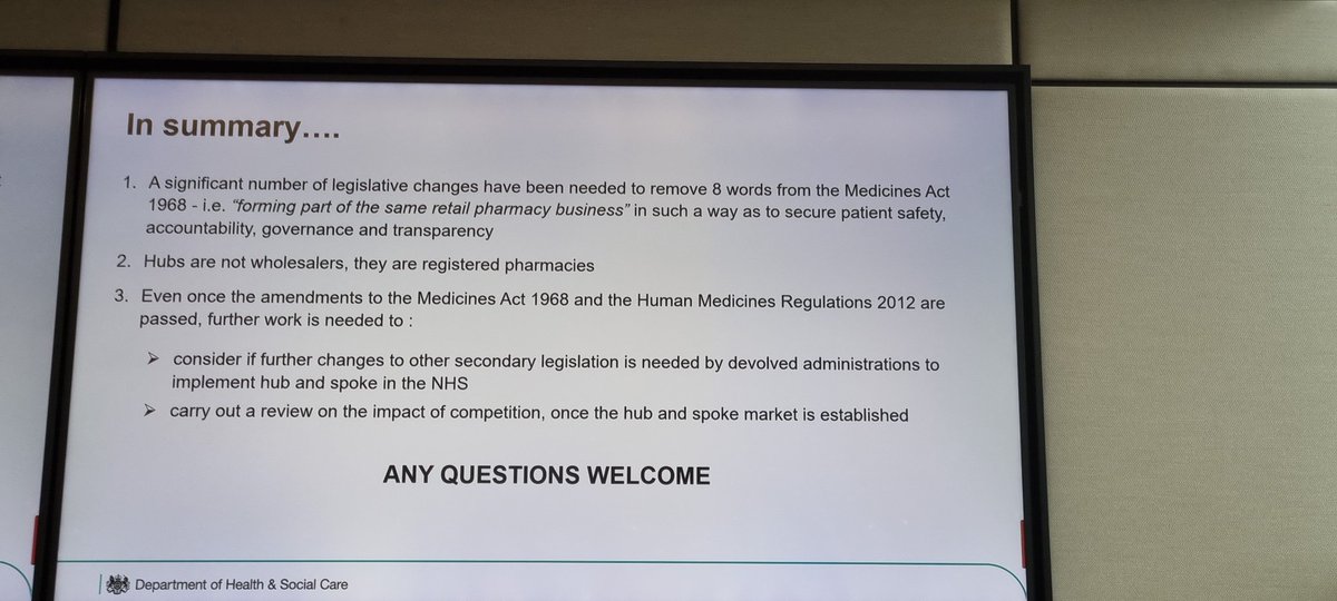 Wendy Lippmann, Senior Policy Manager for Community Pharmacy at DHSC, explaining that proposed date for hub and spoke legislative changes to come into effect is 1 January 2025. Here's a very brief summary #PLEA24