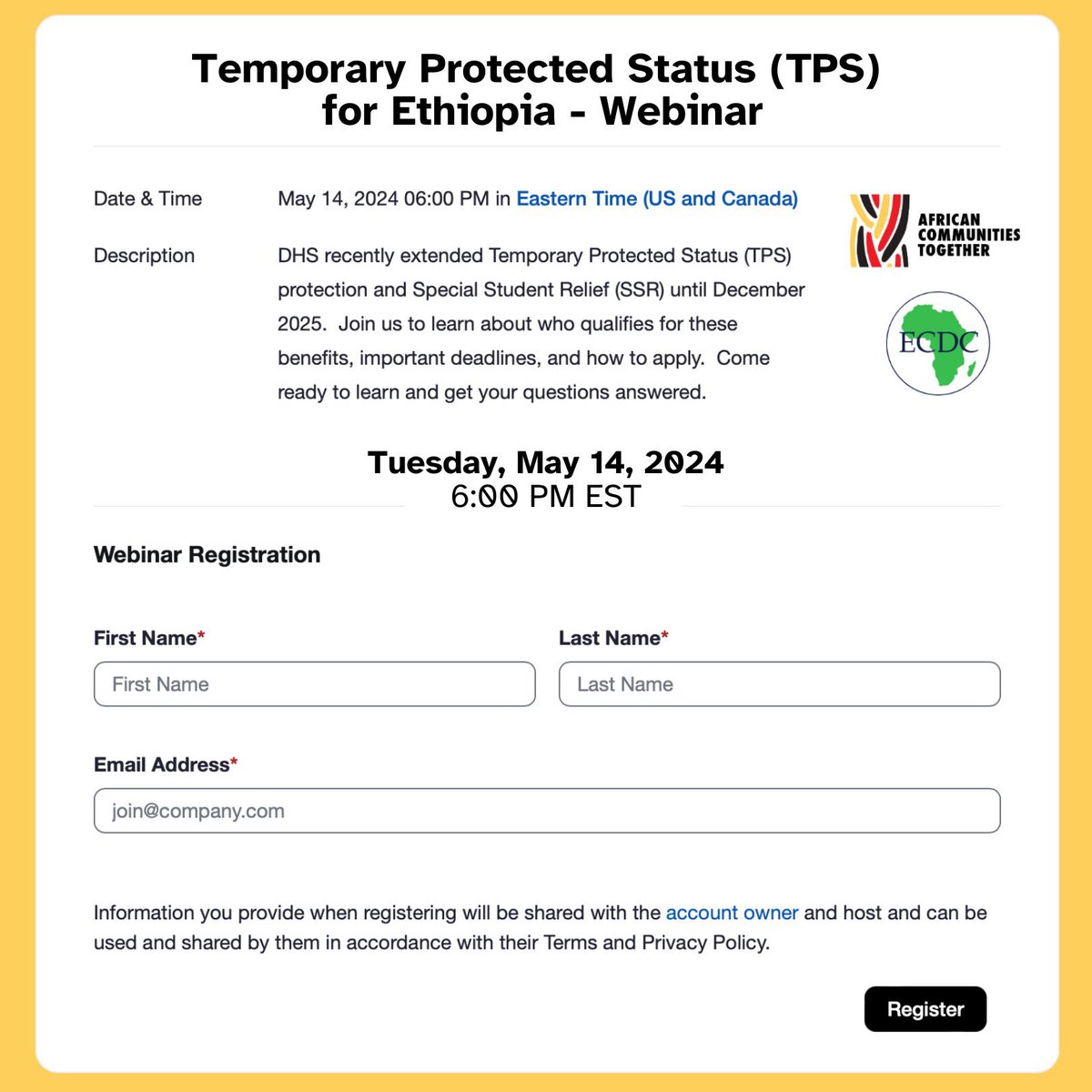 Join @ECDCUS & @AfricansUS today at 6pm EST for a webinar on Temporary Protective Status (TPS) for Ethiopians. Click the link to attend & learn about the program, important deadlines as well as application procedures. Don't miss this opportunity! africans-us.zoom.us/webinar/regist…