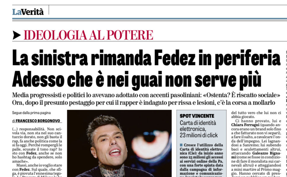 “La sinistra rimanda #Fedez in periferia. Adesso che è nei guai non serve più” @franborgonovo Che serva da monito ai personaggi in cerca di autore che cercano di accreditarsi nelle fila della sinistra.