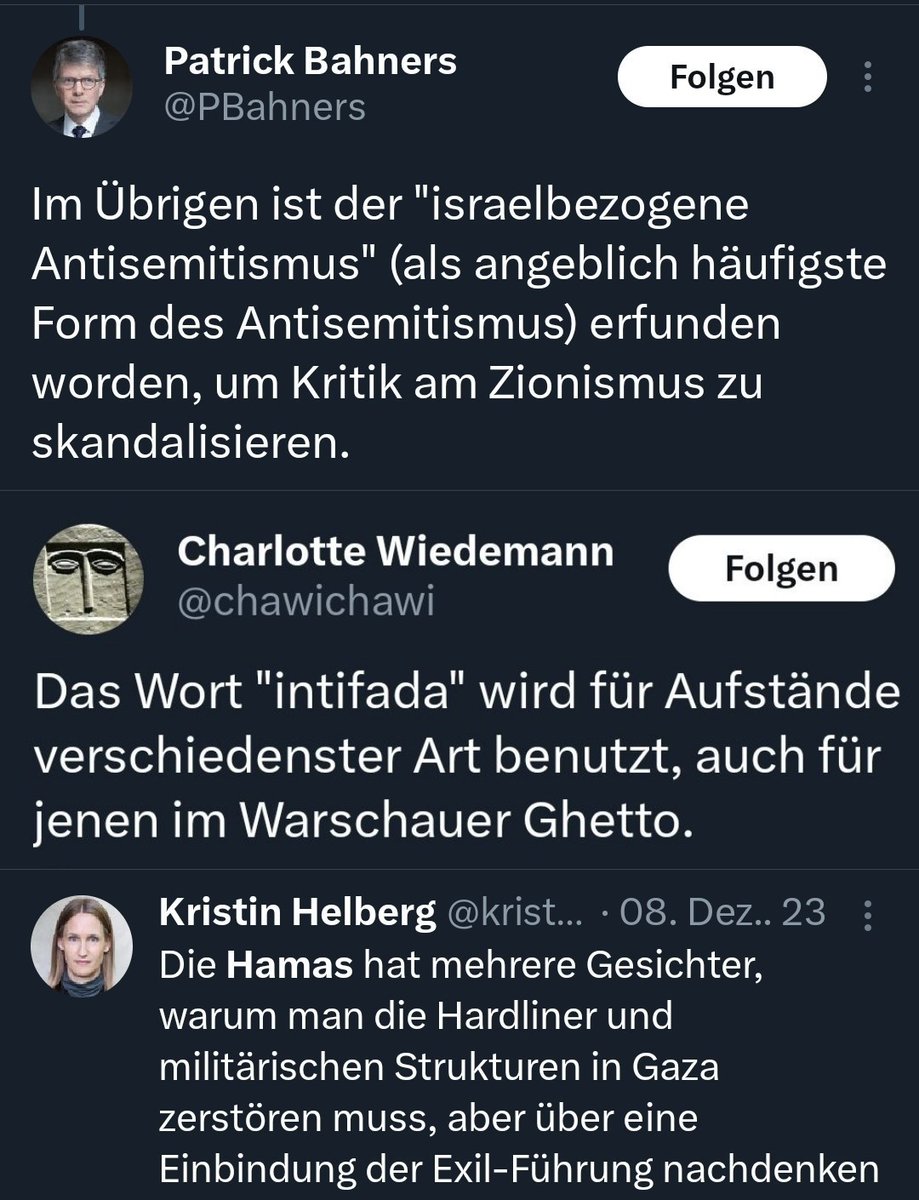 Kronjuwelen des neuen deutschen Antisemitismus:
🎈Der israelbezogene Antisemitismus ist eine Erfindung.
🍉 Intifada ist Warschauer Aufstand.
🔻 Hamas in neue Gaza-Regierung einbinden. 
#postfaschismus #israel