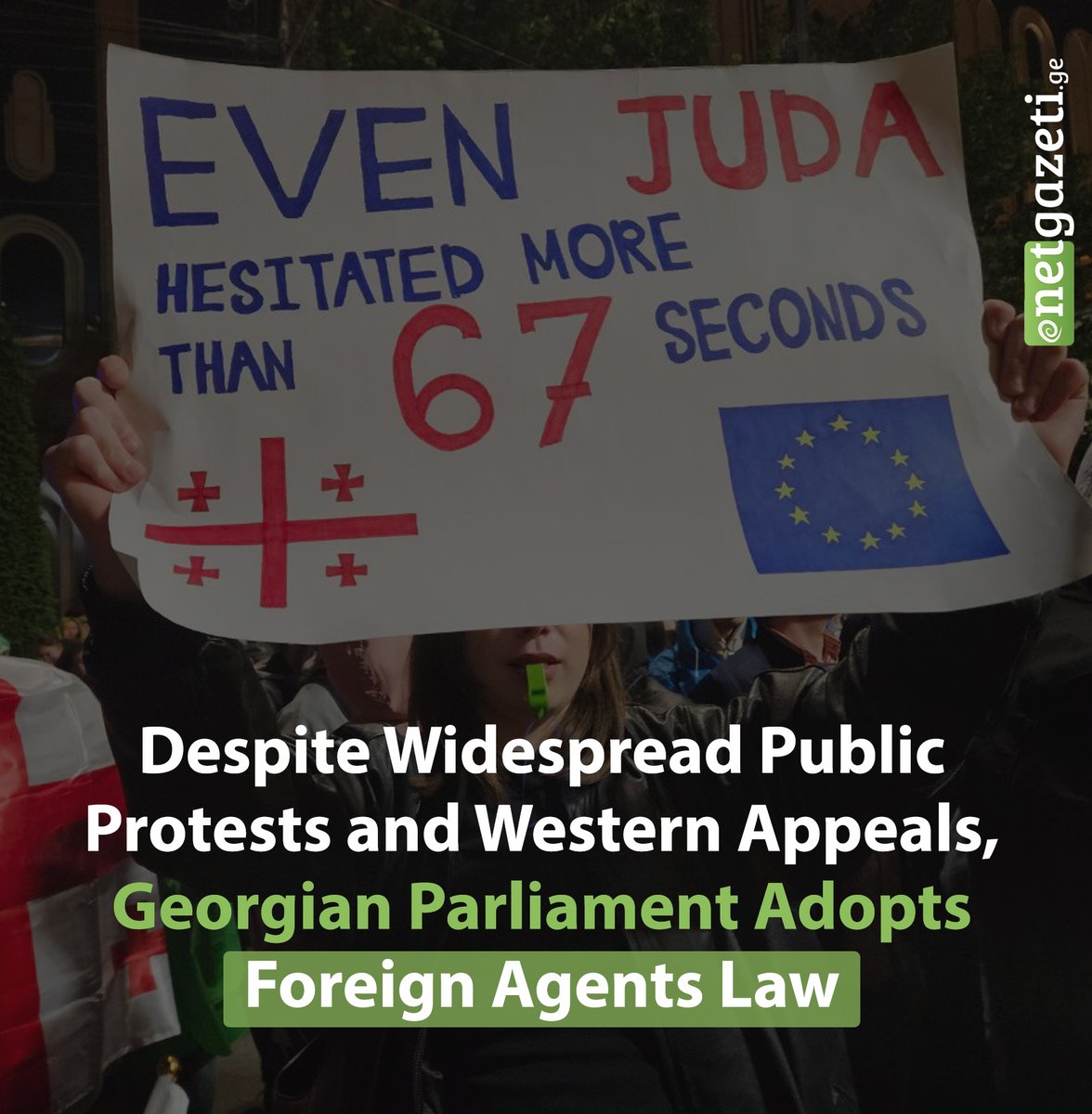 🔴 BREAKING: The Parliament of #Georgia adopted the #RussianLaw in the third and final reading. 🔴 84 MPs voted in favor. #Tbilisi #NoToRussianLaw #ForeignAgentsLaw