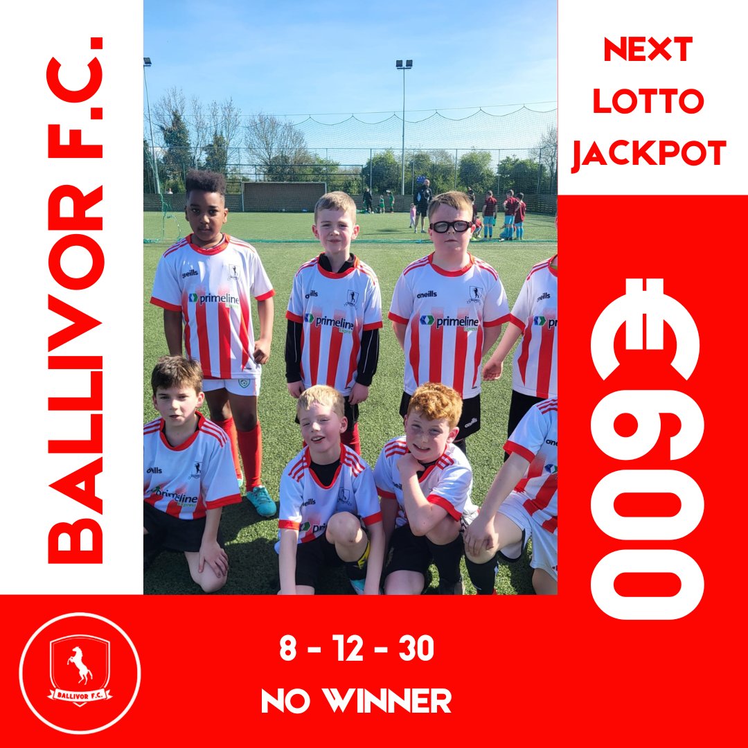 Lotto Results 💸
08 - 12 - 30

No winner, however, big congrats our 3 x €20 Lucky Dip Winners 🥳

💵Ciaran Judge
💵Elizabeth Smith
💵Sinead Mallon

This brings next week's jackpot to €600!

If You're Not in, You Can't Win! 👉 ballivorfc.clubforce.com/products/lotto…