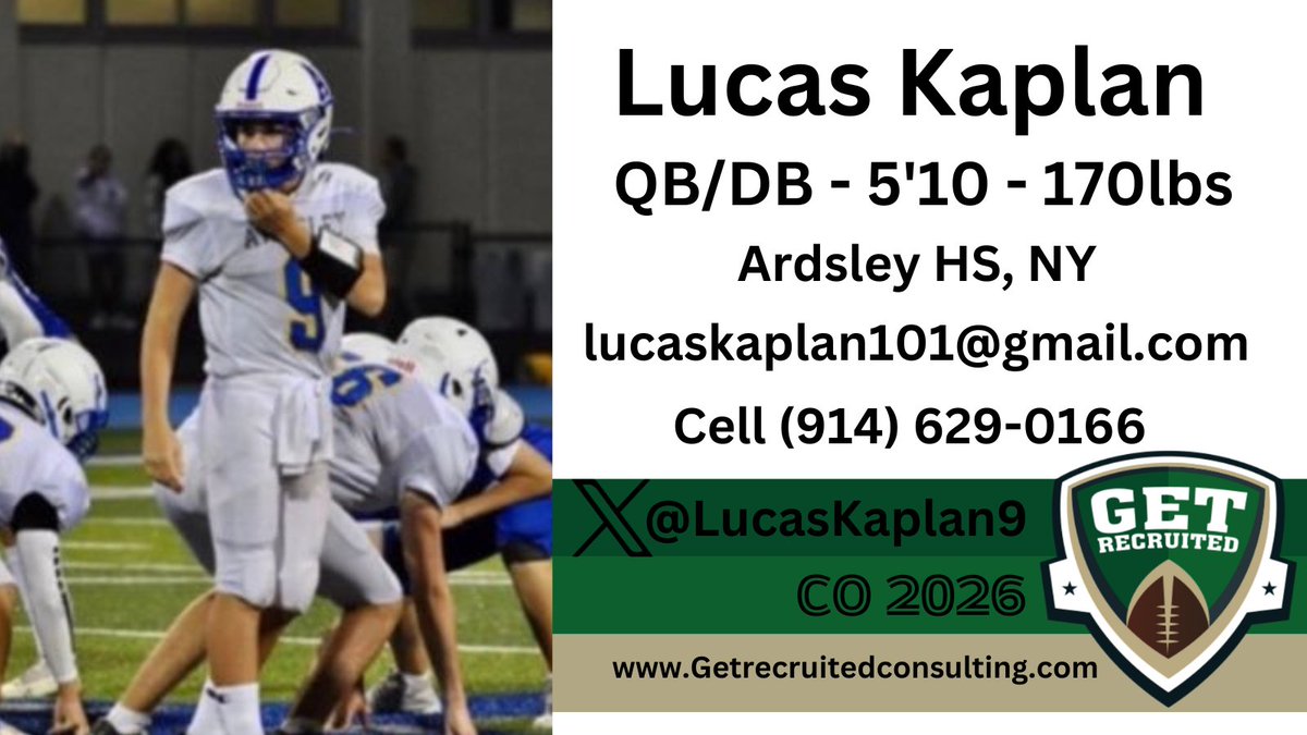 Lucas Kaplan - CO 2026 - QB - 5'10, 170lbs - 3.67 GPA - Athletic, leader, nice release. Ardsley HS, NY - Player Profile: getrecruitedconsulting.com/recruit/lucas-… <a href="/LucasKaplan9/">Lucas Kaplan</a> @1of1lifeskills <a href="/FootballTufts/">Tufts University Football</a> <a href="/Wes_Football/">Wesleyan University Football</a> <a href="/BowdoinFB/">Bowdoin Football</a> <a href="/HamCollFootball/">Hamilton College Football</a> <a href="/WilliamsEphsFB/">Williams Football</a> <a href="/Coach_Brady/">Aaron Brady</a> #college