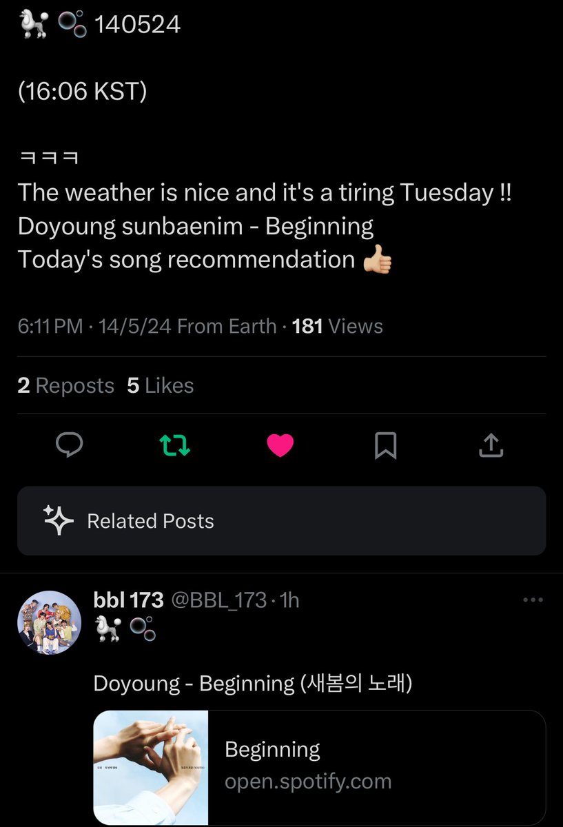 BAE173 Yoojun Recommended Doyoung’s ‘Beginning’ 🩵🍀👏