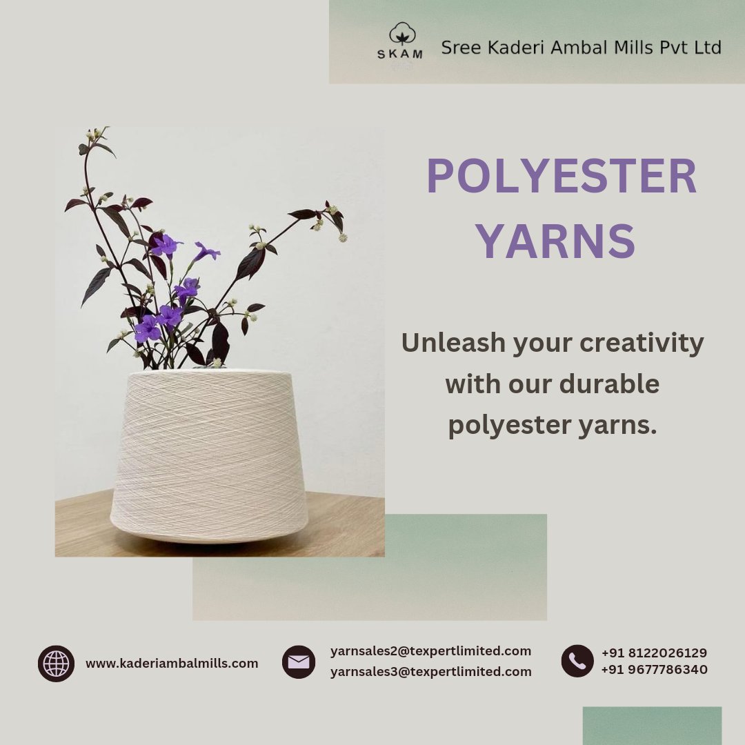 Unleash your creativity with our durable polyester yarns.
Visit us: kaderiambalmills.com

#skam #kaderiambalmills #poyesteryarns #polyesteryarnmanufacturers #spunpolyesteryarnmanufacturer #Spunpolyesteryarns #polyesterspunyarns