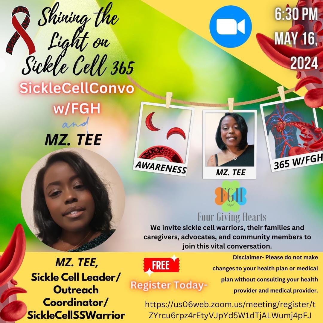 us06web.zoom.us/meeting/regist…

Focusing on 1. Health, 2. Family, 3. Education, and 4. Community! We foster “for” giving hearts and responsible citizenship. #FGH #fourgivinghearts #sicklecelldisease #sicklecelltrait #sicklecellwarriors #sicklecell #sicklecelladvocacy
