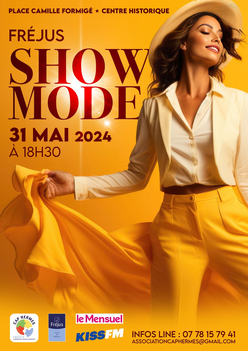 👗✨ Défilé de Mode, 'Fréjus Show Mode' 👗✨ 🗓 31 Mai ⏰ à partir de 18h30 📍 Place Camille Formigé et le centre-ville L'association Cap Hermès en partenariat avec la Ville vous réserve une soirée de style et d'élégance, mettant en vedette vos boutiques préférées de Fréjus !