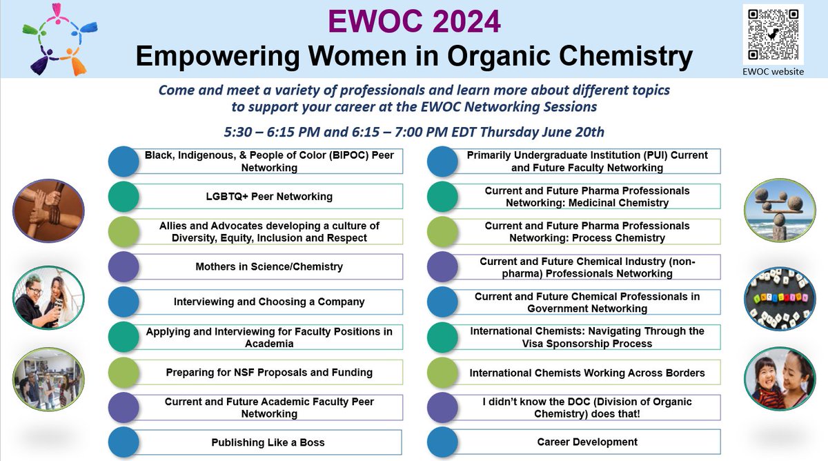 Join us virtually on #EWOC2024 Day 1 (Thurs, June 20) for our fun & informative #TopicalNetworking sessions! #WomenInChemistry @AcsWcc @ACSorganic