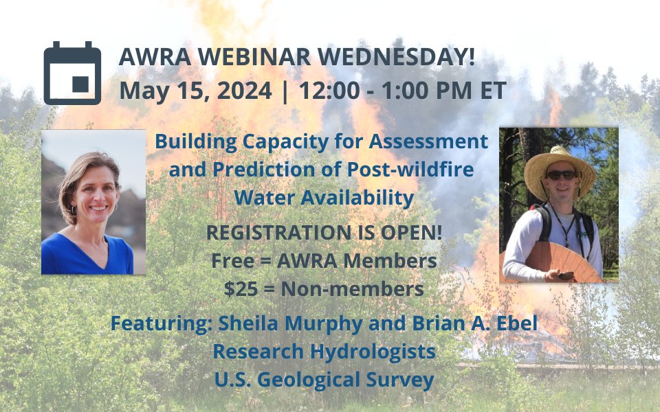 Are you registered for tomorrow's #WebinarWednesday? We're talking post-wildfire water supplies & the short & long-term impacts such as higher constituent concentrations in surface waters, greater treatment costs, & diminished reservoir capacity. awra.org/Members/Events…